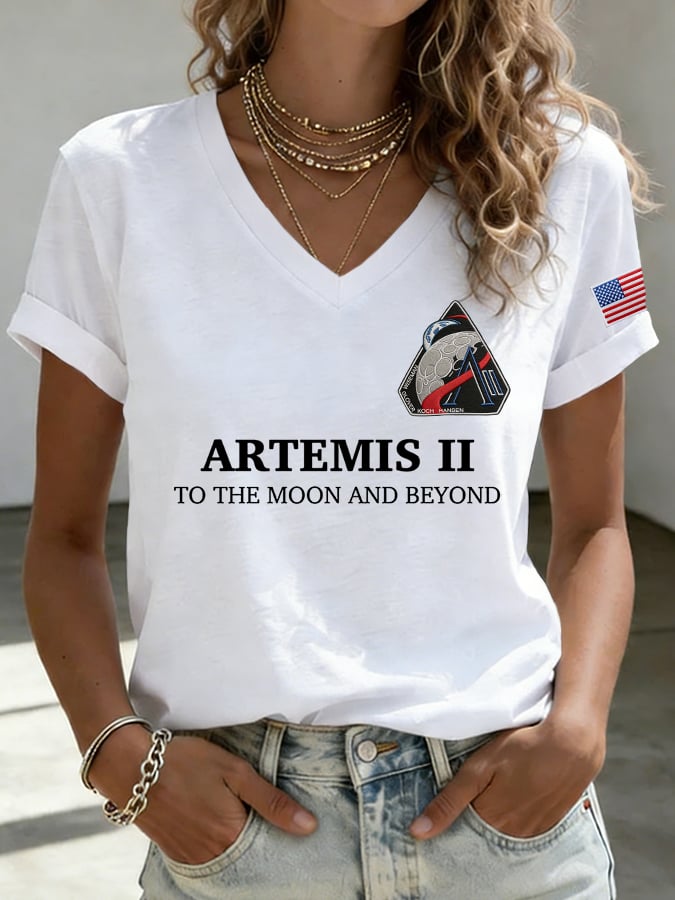Women's Humanity Returns To The Moon Print V Neck T-shirt
