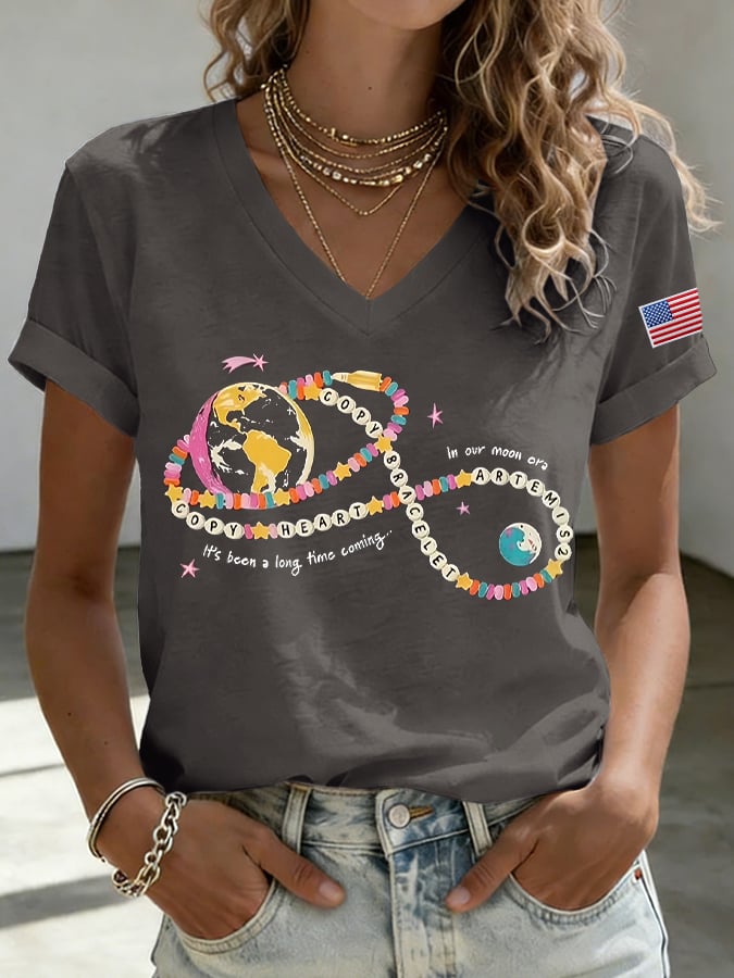 Women's Copy Moon Joy Print V Neck T-shirt