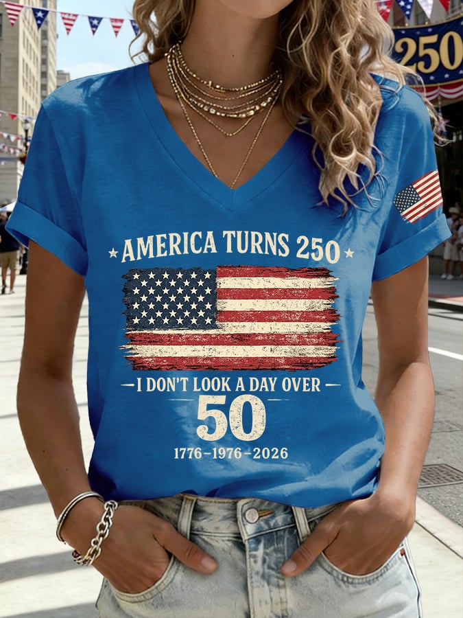 V-Neck Retro America Turns 250 I Don't Look A Day Over 50 1776-1976-2026 Print T-Shirt