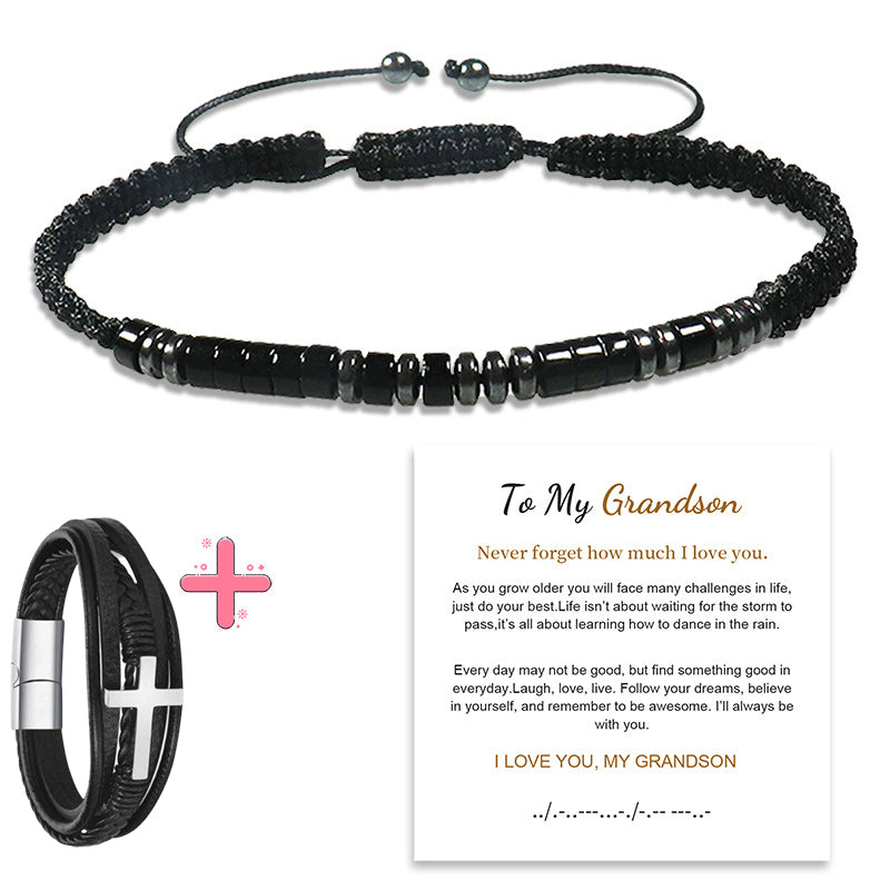 Give my grandson a prayer through it leather cross bracelet