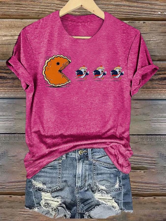 Women's Funny Turkey Chasing Pie Sublimation FDT Thanksgiving T-Shirt