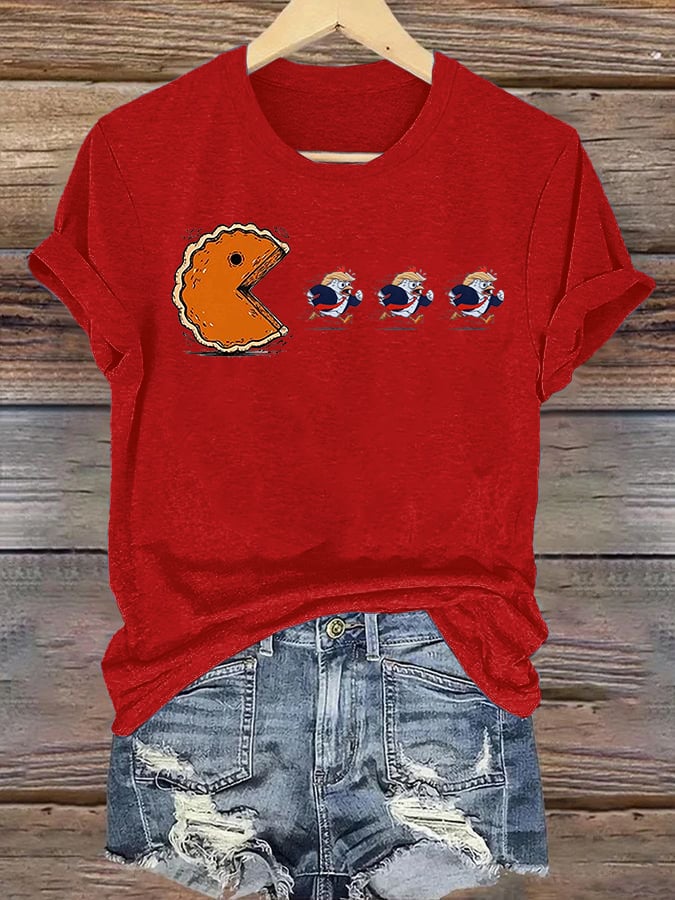 Women's Funny Turkey Chasing Pie Sublimation FDT Thanksgiving T-Shirt