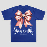 She Is Worthy Proverbs 31 Pink Bow Print Printed Women's T-shirt