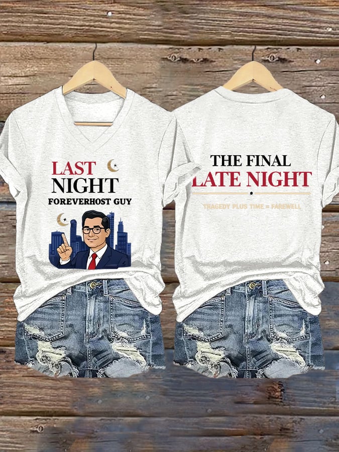 V-Neck Retro Last Night Foreverhost Guy The Final Late Night Tragedy Plus Time = Farewell Print T-Shirt