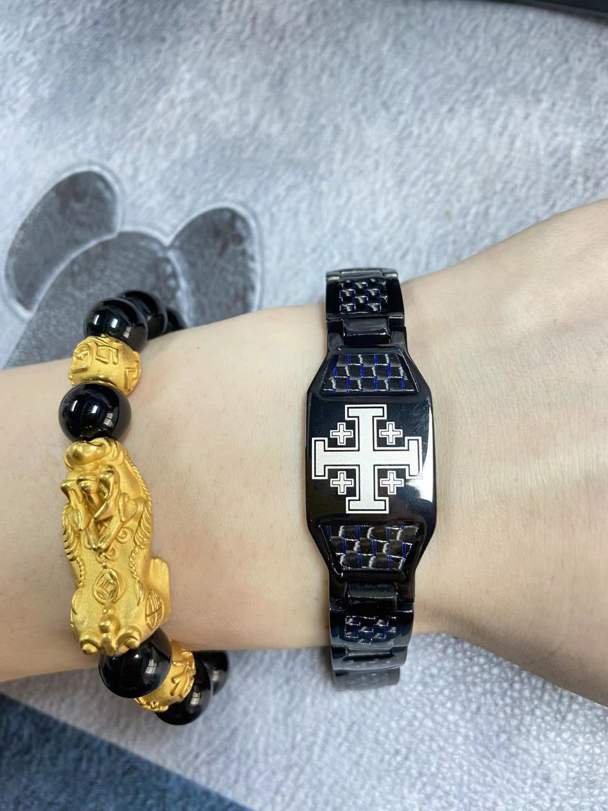Charcoal fiber Jerusalem cross energy bracelet