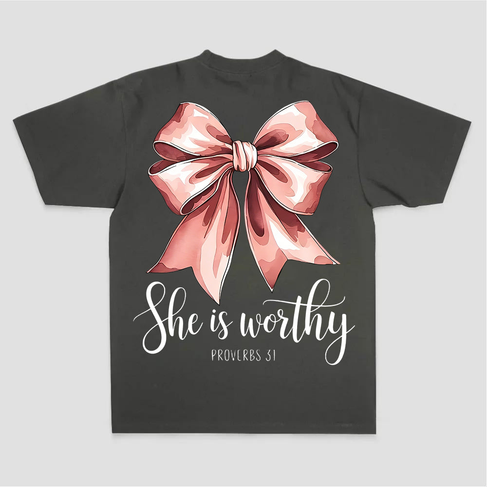 She Is Worthy Proverbs 31 Pink Bow Print Printed Women's T-shirt