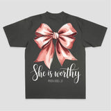 She Is Worthy Proverbs 31 Pink Bow Print Printed Women's T-shirt