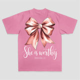 She Is Worthy Proverbs 31 Pink Bow Print Printed Women's T-shirt