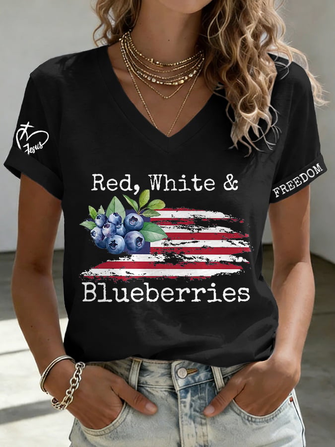 V-Neck Retro Independence Day Red, White & Blueberries Freedom Jesus Print T-Shirt