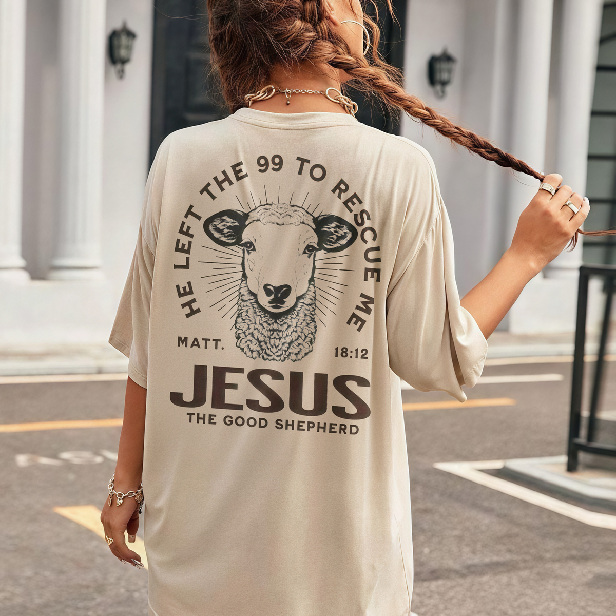 He Left The 99 To Rescue Me Matt. 18:12 Jesus The Good Shepherd Printed Women's T-shirt