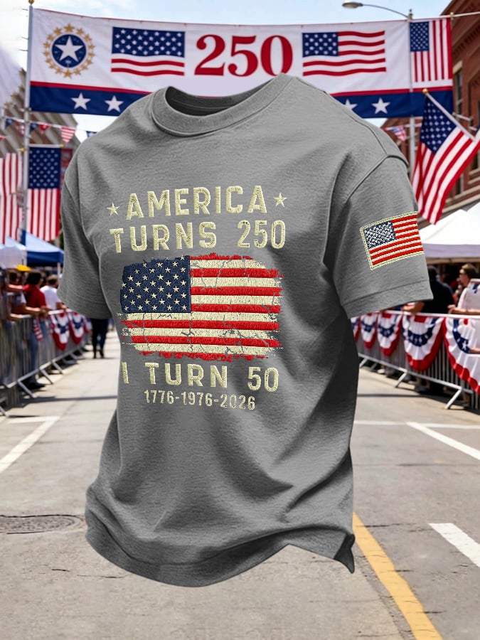 Men's Retro 250th Anniversary 1776-2026 America Turns 250 I Turn 50 1776 • 1976 • 2026 Print T-Shirt