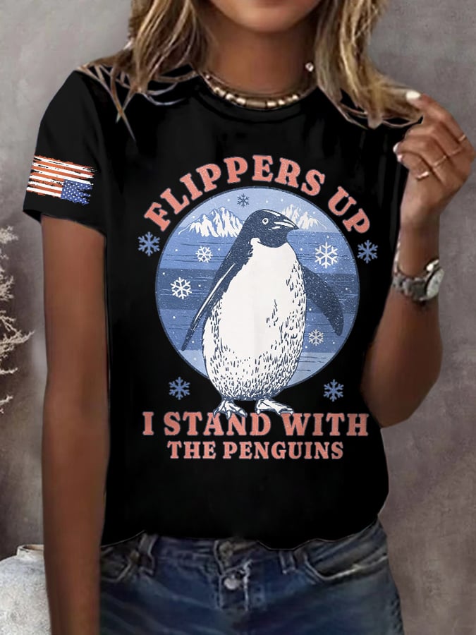🔥Buy 3 Get 15% Off🔥Retro Flippers Up I Stand With The Penguins Resist Tariffs Print T-Shirt