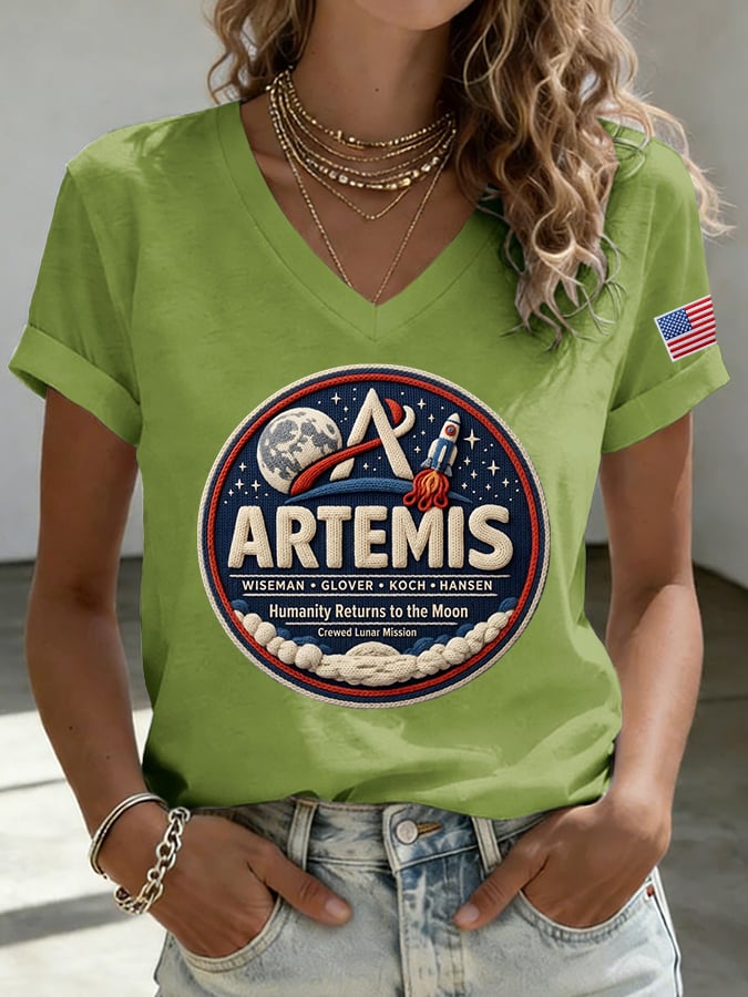 Women's Humanity Returns To The Moon Print V Neck T-shirt