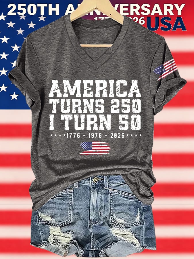 V-Neck Retro 250th Anniversary 1776-2026 America Turns 250 I Turn 50 1776 • 1976 • 2026 Print T-Shirt