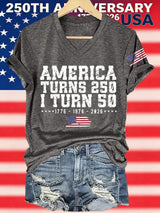 V-Neck Retro 250th Anniversary 1776-2026 America Turns 250 I Turn 50 1776 • 1976 • 2026 Print T-Shirt