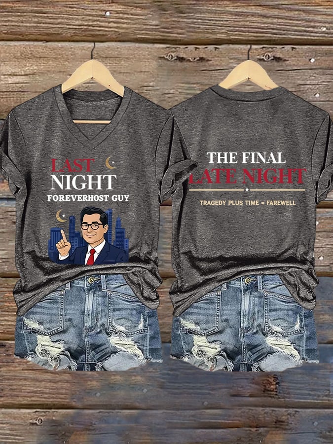 V-Neck Retro Last Night Foreverhost Guy The Final Late Night Tragedy Plus Time = Farewell Print T-Shirt