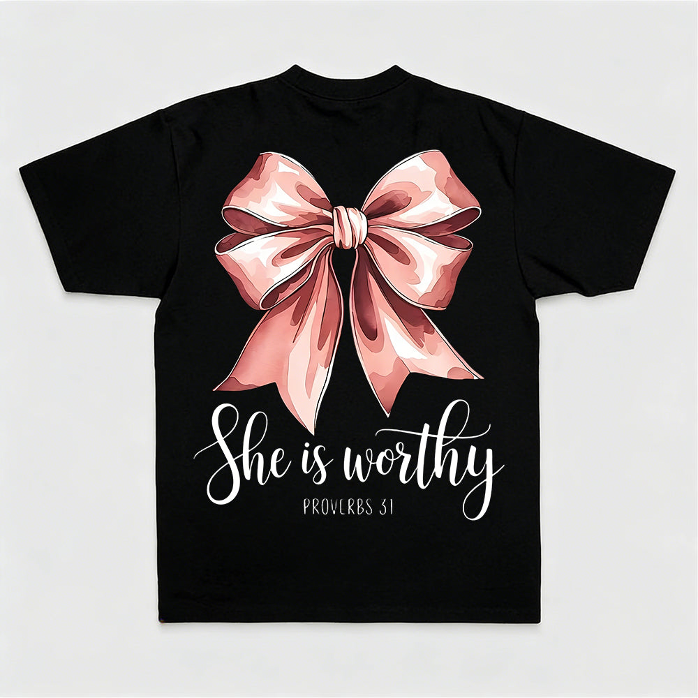 She Is Worthy Proverbs 31 Pink Bow Print Printed Women's T-shirt