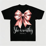 She Is Worthy Proverbs 31 Pink Bow Print Printed Women's T-shirt