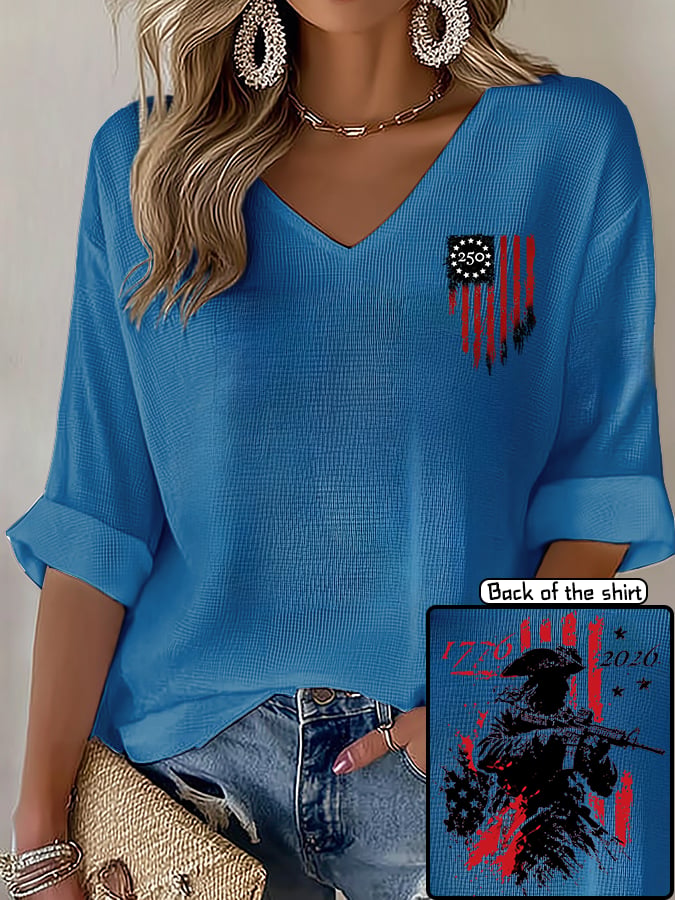 V-Neck 250th Anniversary Distressed American Flag 2-sided Print T-Shirt