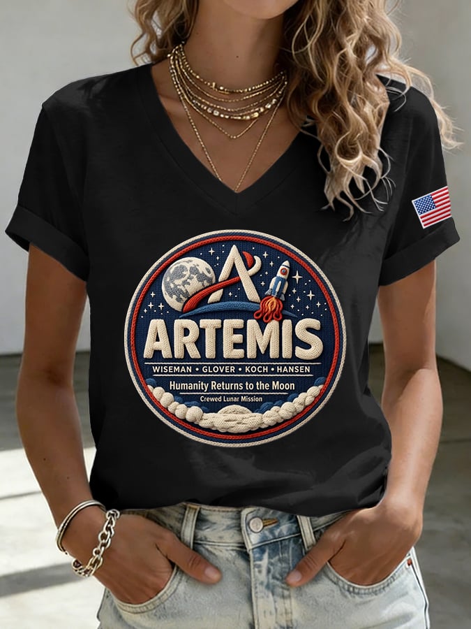 Women's Humanity Returns To The Moon Print V Neck T-shirt