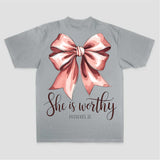 She Is Worthy Proverbs 31 Pink Bow Print Printed Women's T-shirt