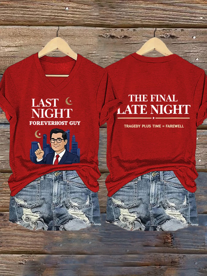 V-Neck Retro Last Night Foreverhost Guy The Final Late Night Tragedy Plus Time = Farewell Print T-Shirt