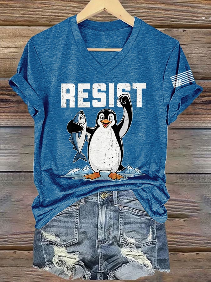 🔥Buy 3 Get 15% Off🔥V-Neck Retro Penguins Resist Tariffs Print T-Shirt