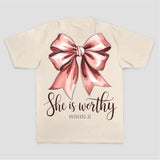 She Is Worthy Proverbs 31 Pink Bow Print Printed Women's T-shirt
