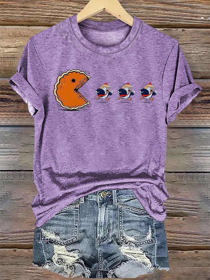 Women's  Funny Turkey Chasing Pie Sublimation FDT Thanksgiving  T-Shirt