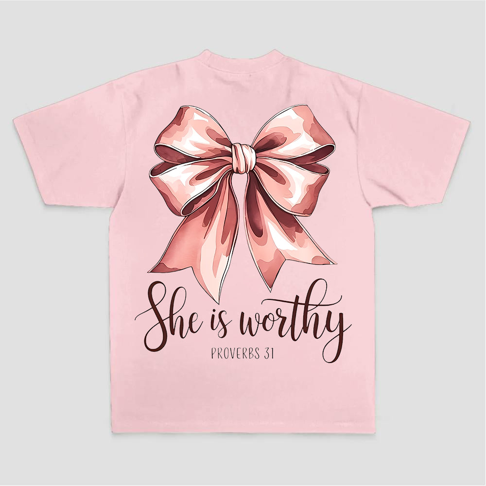 She Is Worthy Proverbs 31 Pink Bow Print Printed Women's T-shirt