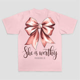 She Is Worthy Proverbs 31 Pink Bow Print Printed Women's T-shirt
