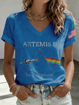 V-Neck Retro Artemis II Dark Side Of The Moon Print T-Shirt