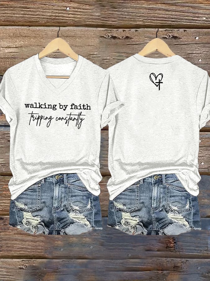 Women's Walking By Faith Tripping Constantly  Print T-Shirt