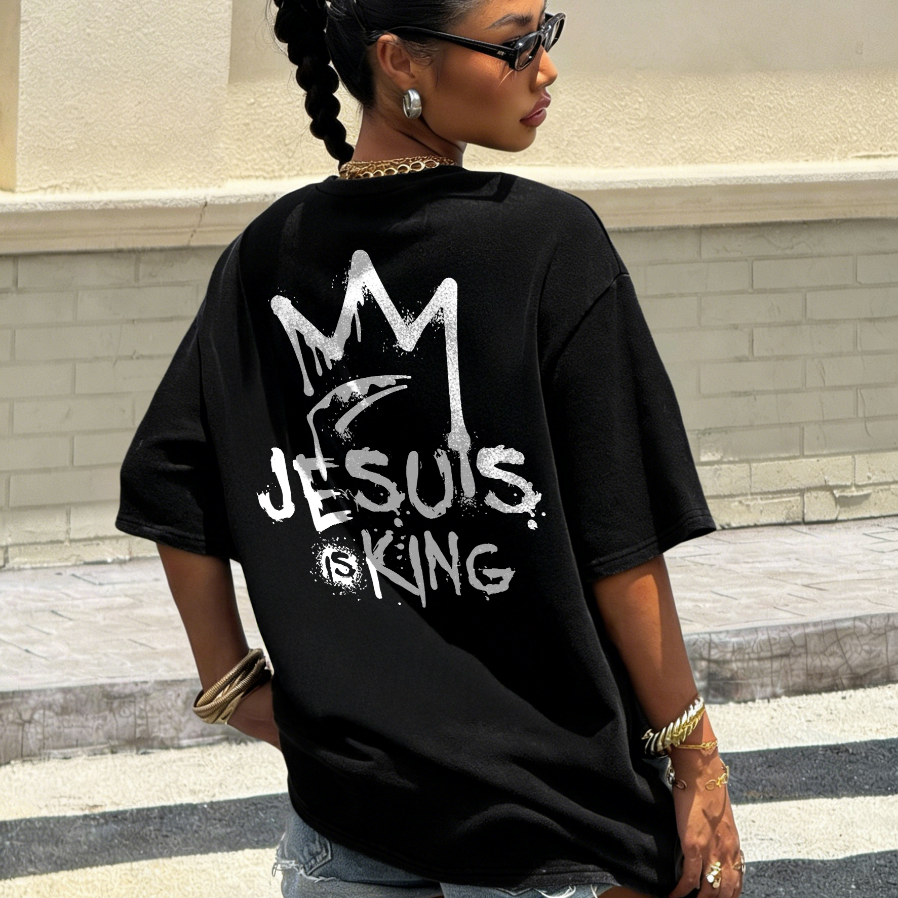 Jesus Is King Crown Graffiti Print Printed Women's T-shirt