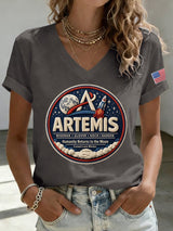 Women's Humanity Returns To The Moon Print V Neck T-shirt