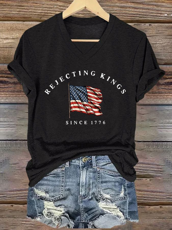 🔥Buy 3 Get 15% Off🔥V-Neck Retro Rejecting Kings Since 1776 Print T-Shirt