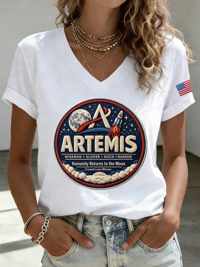 Women's Humanity Returns To The Moon Print V Neck T-shirt
