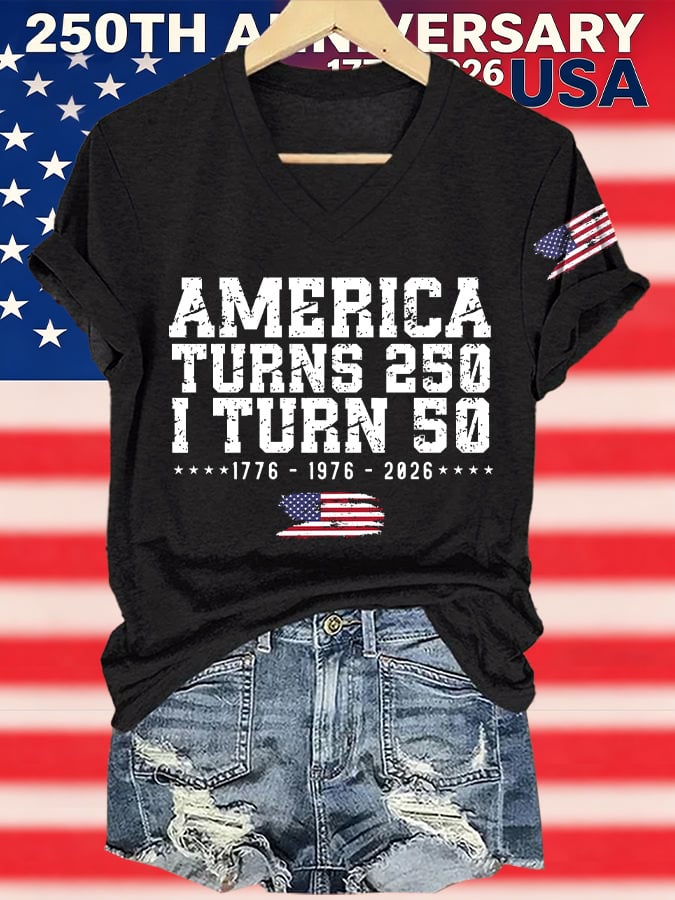 V-Neck Retro 250th Anniversary 1776-2026 America Turns 250 I Turn 50 1776 • 1976 • 2026 Print T-Shirt