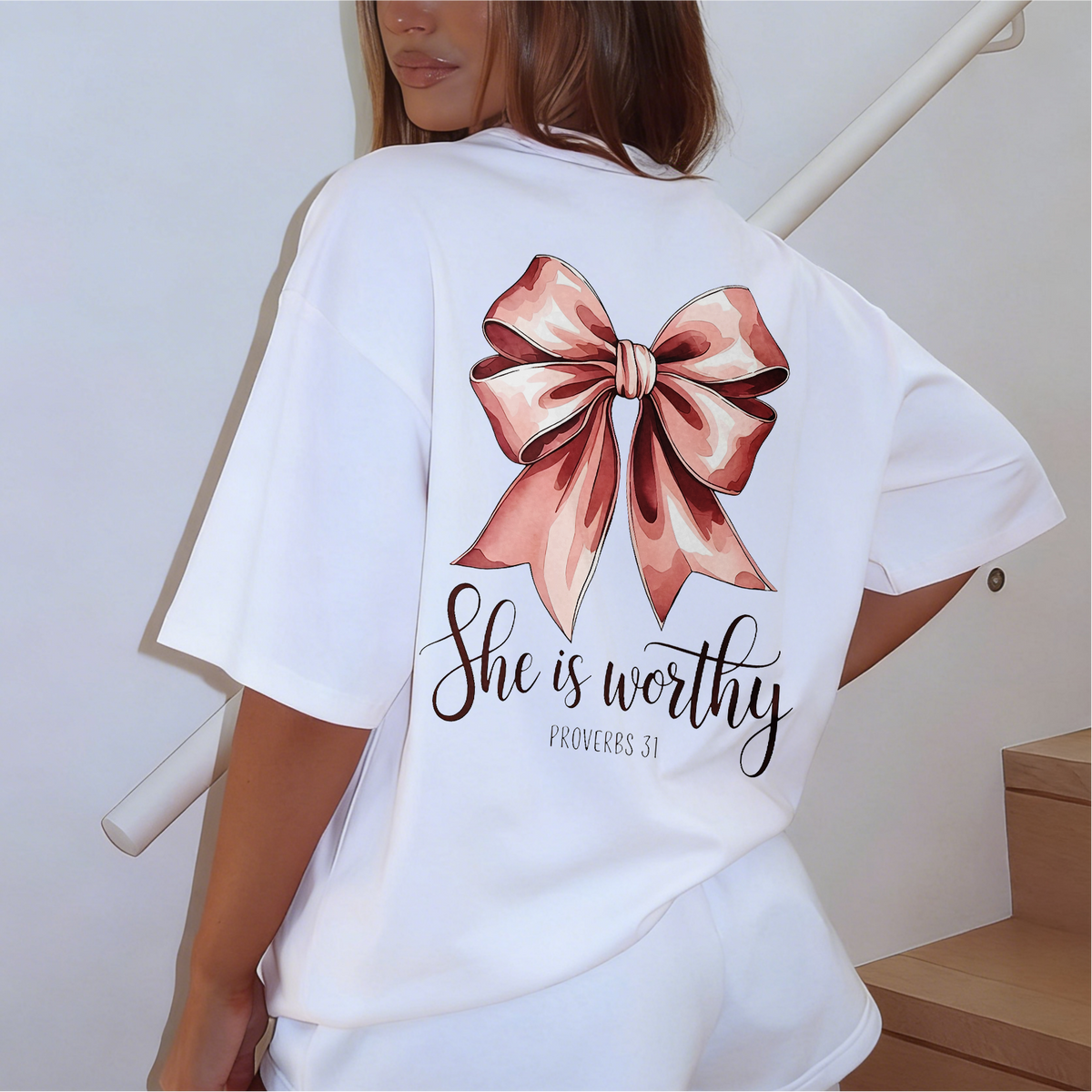 She Is Worthy Proverbs 31 Pink Bow Print Printed Women's T-shirt